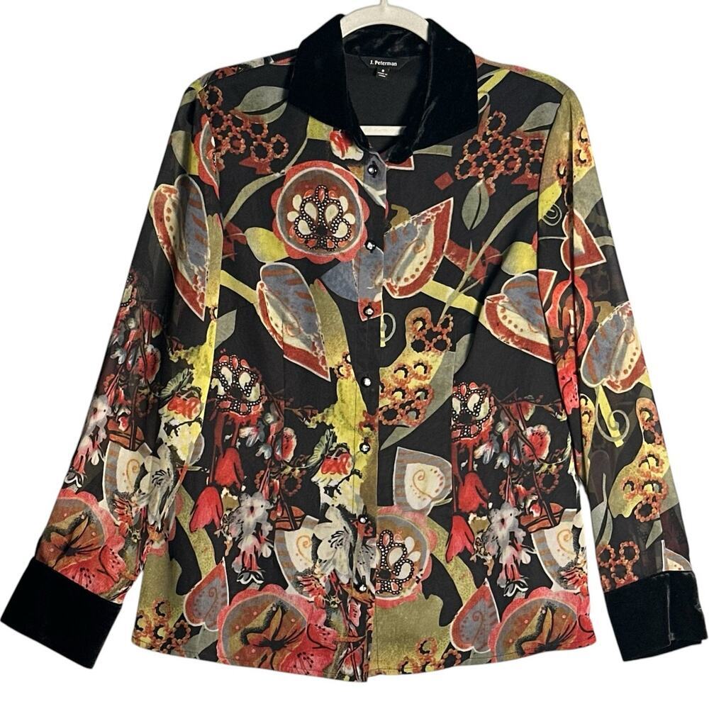 J Peterman Sz 8 Chiffon Abstract Print Button Up Blouse Rhinestones Velvet Trim